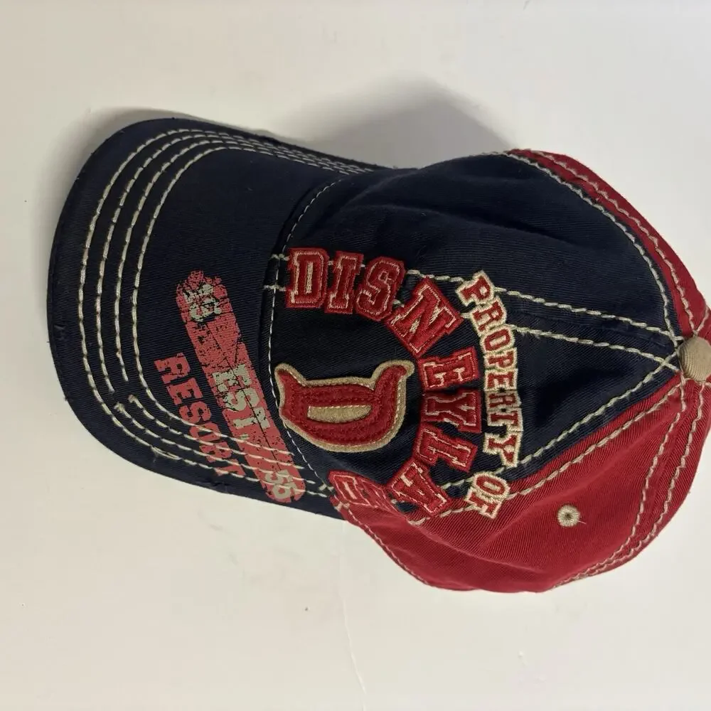 DISNEY. ADULT BLUE/RED/BIEGE DISTRESSED DISNEY STRAPBACK HAT - Very Clean.